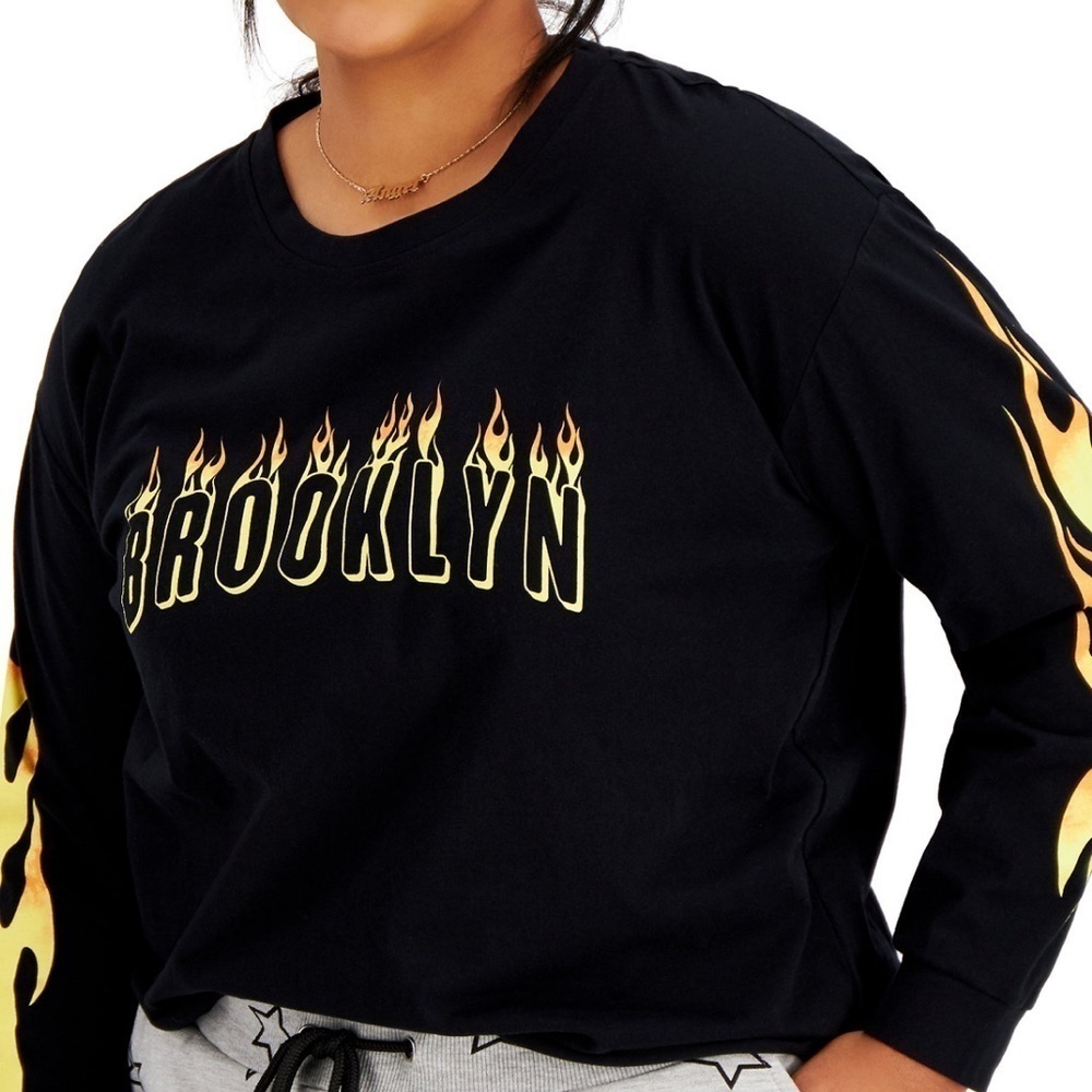 Rebellious One Cotton Brooklyn Flames Graphic-Print Top Size 2X